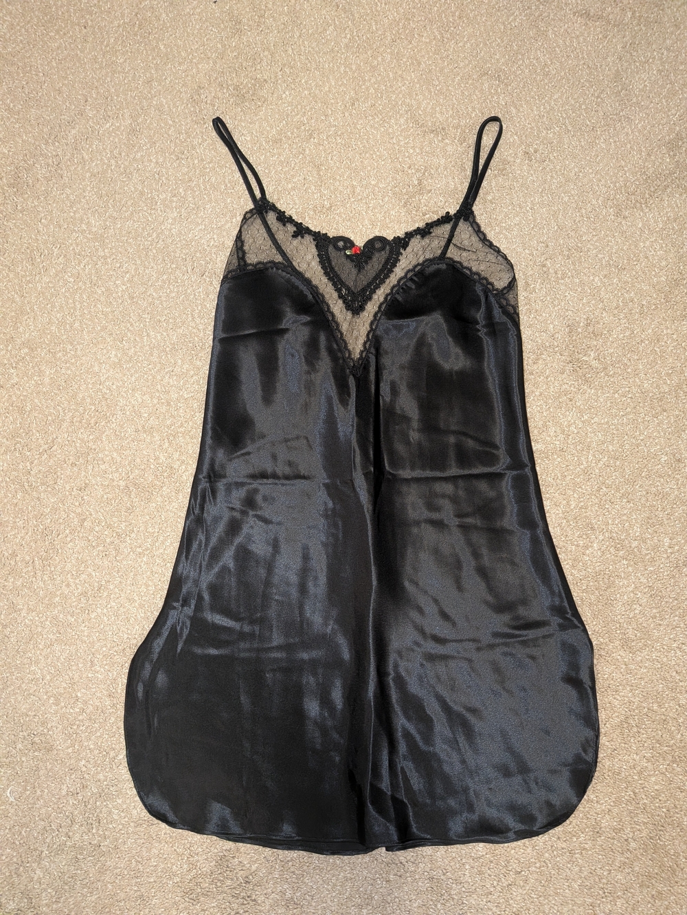 Black Satin Lace-Trim Chemise with Sheer Lace Yoke